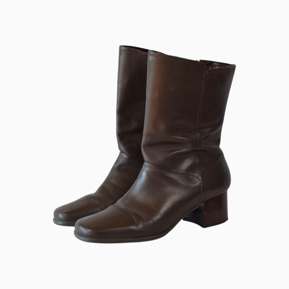 Vintage Dark Brown Leather Square Toe Boots Size 7
